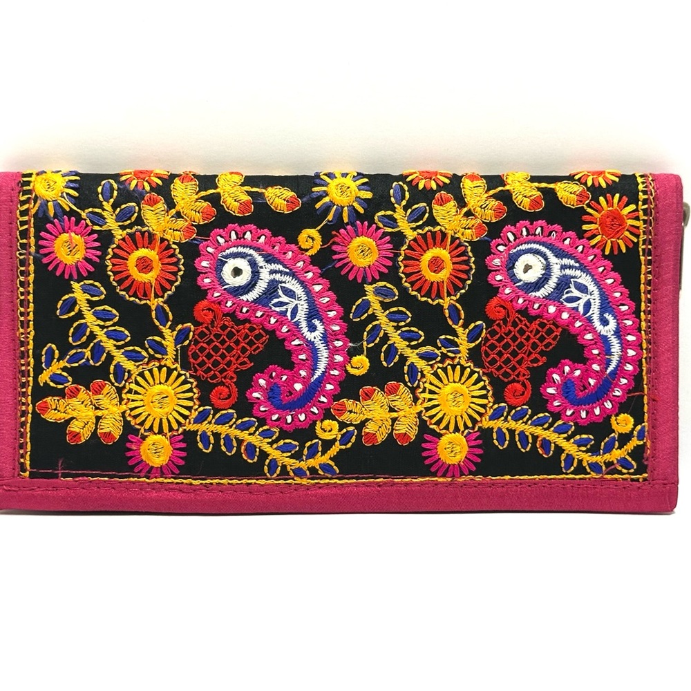 Embroidered Paisley Foldover Clutch Wallet - Pink & Black